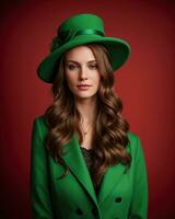 ai generato ritratto di un' bellissimo giovane donna nel verde cappotto e rosso cappello. ai generativo. ai generativo foto