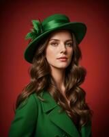 ai generato ritratto di un' bellissimo giovane donna nel verde cappotto e rosso cappello. ai generativo. ai generativo foto