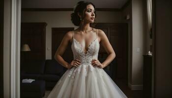 ai generato bellissimo sposa nel bianca nozze vestito in posa. ai generativo foto