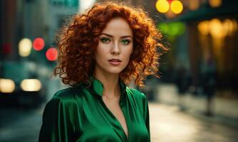 ai generato bellissimo giovane donna con rosso Riccio capelli nel un' verde vestito nel il città a notte. ai generativo foto