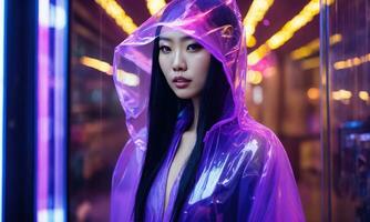 ai generato bellissimo asiatico donna nel viola impermeabile a piedi nel il città. ai generativo foto