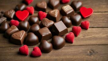 San Valentino giorno cioccolato cuori e barre su di legno sfondo ai generativo foto