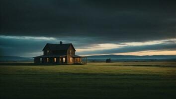 ai generato un' agriturismo nel il mezzo di un' campo a tramonto foto