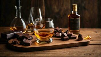ai generato cioccolato e whisky su un' di legno tavolo foto