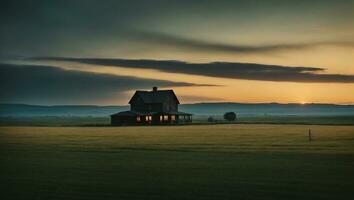 ai generato un' agriturismo nel il mezzo di un' campo a tramonto foto