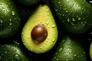 ai generato fresco avocado con scintillante goccioline di acqua visto a partire dal sopra foto