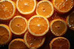 ai generato fresco arancia con scintillante goccioline di acqua visto a partire dal sopra foto