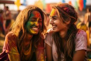 ai generato Due giovane bellissimo donne siamo godendo holi Festival insieme, con dipingere su loro facce, dipingere su il terra, generativo ai foto