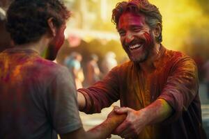 ai generato sorridente uomo nel vivace holi Festival ritratto con colorato polvere, generativo ai foto