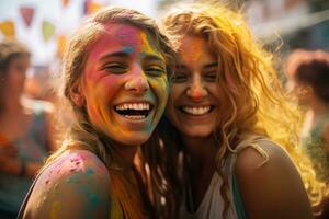 ai generato Due giovane bellissimo donne siamo godendo holi Festival insieme, con dipingere su loro facce, dipingere su il terra, generativo ai foto