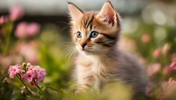 ai generato un' gattino è seduta nel un' campo di rosa fiori foto