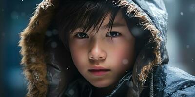 ai generato avvicinamento di un' giovane asiatico ragazzo nel inverno abbigliamento. ai generativo. foto