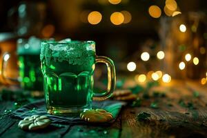 ai generato st. Patrick giorno verde bevanda con foglia trifoglio per st. Patrick giorno festa. foto