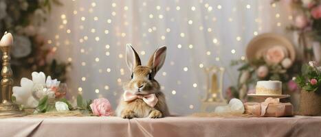 ai generato un' coniglio indossare un' arco cravatta si siede su un' tavolo con fiori foto