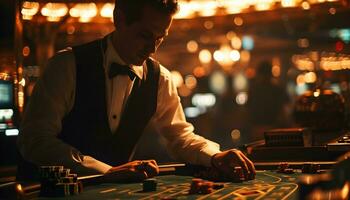 ai generato maschio croupier a il tavolo nel casinò foto