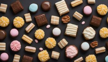 ai generato vario tipi di cioccolato e caramella su un' nero sfondo foto
