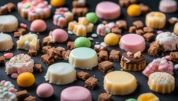 ai generato assortimento di colorato dolci su un' nero sfondo foto