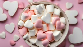 ai generato un' ciotola pieno di marshmallows su un' rosa sfondo foto