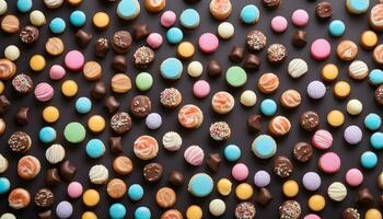 ai generato colorato cioccolato e caramella caramelle su un' nero sfondo foto