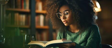 ai generato accogliente biblioteca ambientazione, un' donna assorto nel lettura. ai generativo. foto