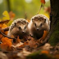 ai generato ricci nel un autunno foresta radura foto