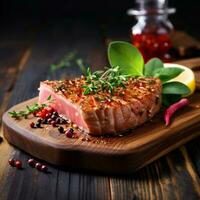 ai generato cucinato tonno pesce bistecca con spezie su un' di legno tavola foto