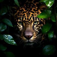 ai generato bellissimo leopardo su un' nero sfondo avvicinamento. foto