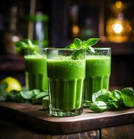 salutare bevanda con spinaci nel bicchieri su un' macchiato bicchiere sfondo. dieta cibo foto