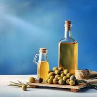 ai generato bottiglia di olive olio e olive frutta . copia spazio. salutare cibo ingrediente. foto