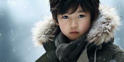 ai generato avvicinamento di un' giovane asiatico ragazzo nel inverno abbigliamento. ai generativo. foto