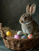 ai generato carino Pasqua coniglietto nel cestino con uova su buio sfondo. ai generazione foto