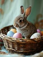 ai generato carino Pasqua coniglietto nel cestino con uova su buio sfondo. ai generazione foto