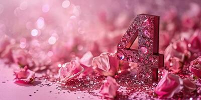 ai generato numero 4 su rosa sfondo con paillettes e coriandoli. ai generazione. foto