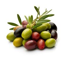 ai generato mescolare di olive frutta su bianca sfondi. generato ai foto
