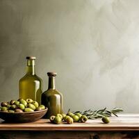 ai generato bottiglia di olive olio e olive frutta . copia spazio. salutare cibo ingrediente foto