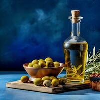 ai generato bottiglia di olive olio e olive frutta . copia spazio. foto