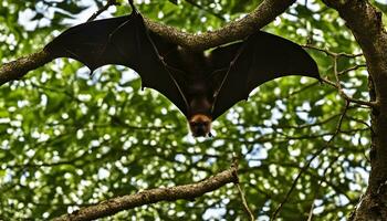 ai generato un' pipistrello è sospeso sottosopra giù a partire dal un' albero ramo foto