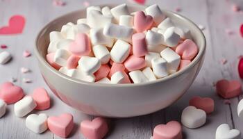 ai generato un' ciotola di marshmallows con cuori nel il sfondo foto