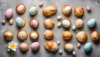 ai generato Pasqua uova e pasticcini su un' tavolo foto