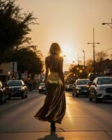 ai generato bellissimo giovane donna nel un' lungo giallo vestito a piedi su il strada a tramonto. ai generativo foto