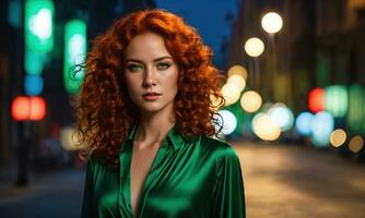 ai generato bellissimo giovane donna con rosso Riccio capelli nel un' verde vestito nel il città a notte. ai generativo foto