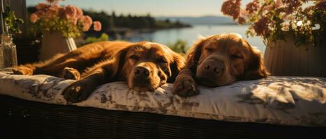 ai generato gemello cani godendo in riva al lago tramonto foto