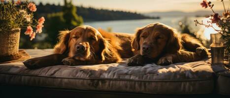 ai generato gemello cani godendo in riva al lago tramonto foto