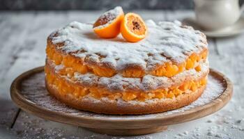 ai generato un' torta con arance su superiore e in polvere zucchero foto