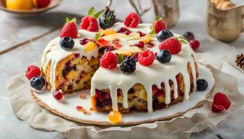 ai generato un' torta con frutta e crema su superiore foto