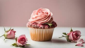 ai generato Cupcake con rosa glassa su un' bianca sfondo foto