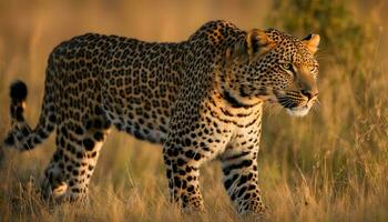 ai generato un' leopardo a piedi attraverso alto erba nel il selvaggio foto