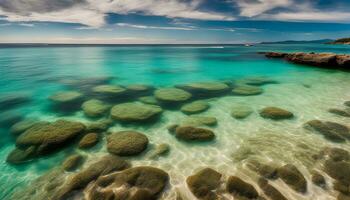 ai generato un' bellissimo spiaggia con rocce e acqua foto