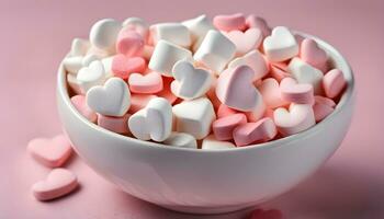 ai generato un' ciotola pieno con marshmallows su un' rosa sfondo foto