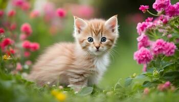 ai generato un' gattino è seduta nel il erba circondato di fiori foto